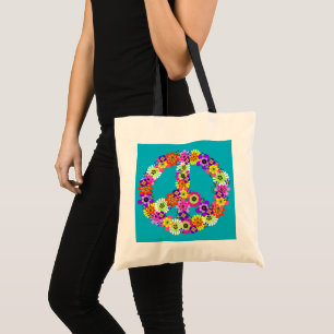 Bolsa Tote Sinal de paz cortagem floral na turquesa