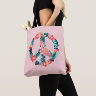 Bolsa Tote Sinal de Paz de Flamingo Floral Fofo Rosa