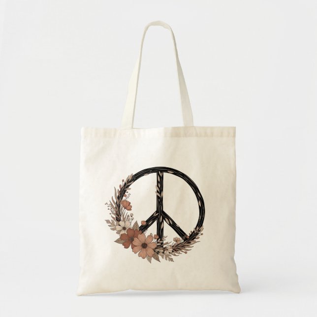 Bolsa Tote Sinal de Paz Floral Boho – Arte de Parede Terrosa  (Frente)