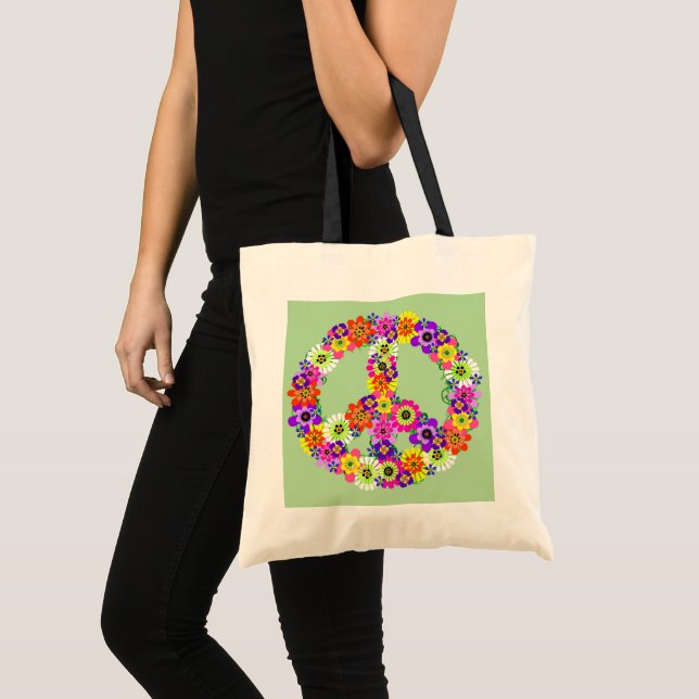 Bolsa Tote Sinal de Paz Floral em Verde Claro (Frente (produto))