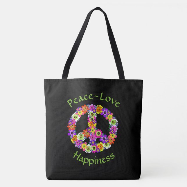 Bolsa Tote Sinal de Paz Floral Paz Amor Felicidade Saco (Frente)