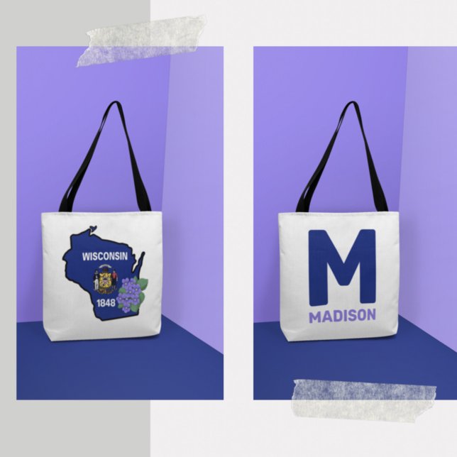 Bolsa Tote Sinalizador Wisconsin e Flor Azul Violeta Nome Per (Criador carregado)