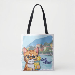 Bolsa Tote "Sip, Purr & Wander" Comprimido laranja em férias