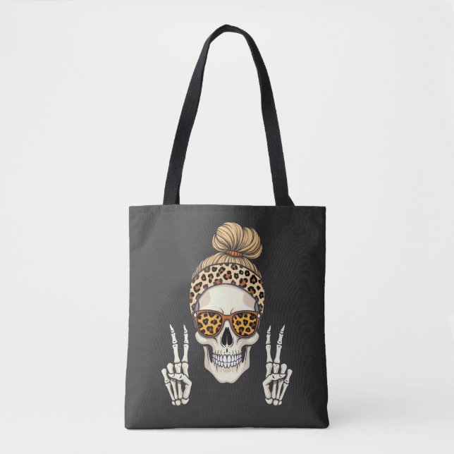 Bolsa Tote Skeleton Skull Leopard Halloween Mãe (Frente)