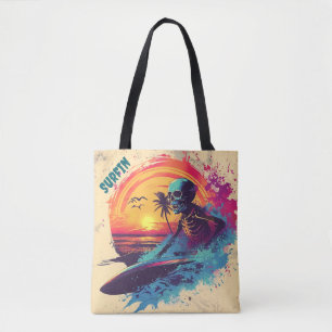 Bolsa Tote Skeleton Surfer Vibrant Azul Roxo Rosa Tropical