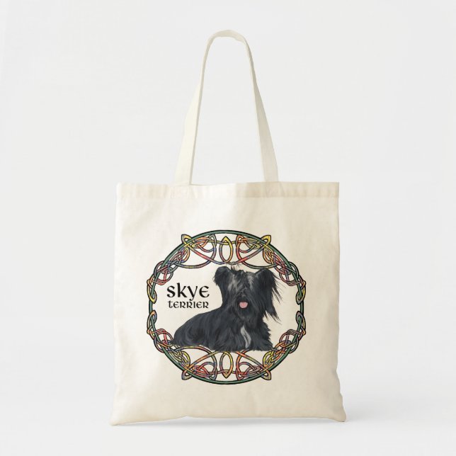 Bolsa Tote Skye Terrier em Celtic Knotwork - Buchanan Tartan (Frente)