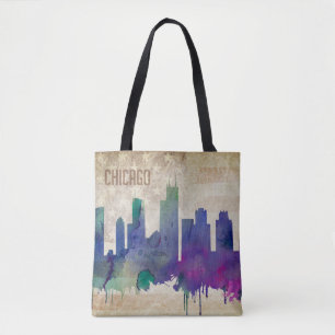 Bolsa Tote Skyline da cidade da aguarela de Chicago, IL  