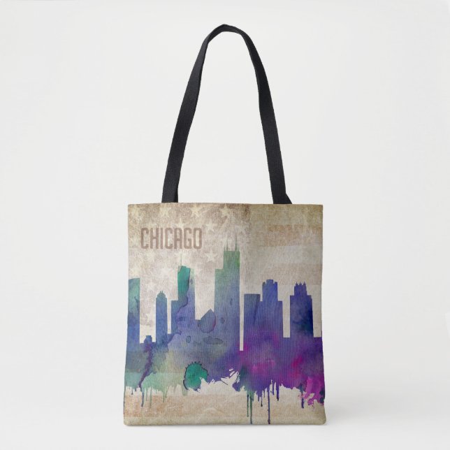 Bolsa Tote Skyline da cidade da aguarela de Chicago, IL | (Frente)