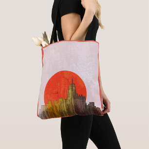 Bolsa Tote Skyline Urbano com Cityscape Cinza Vermelho