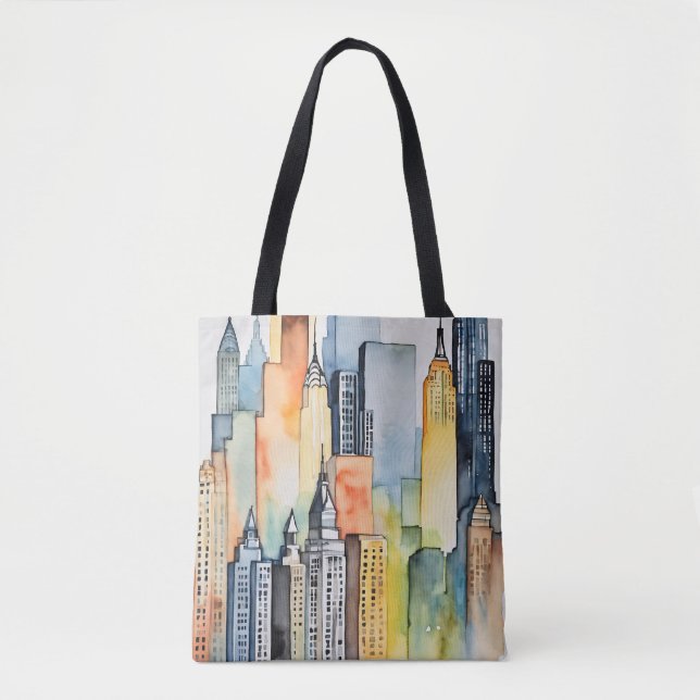 Bolsa Tote Skyscape Urbano Pintado por Aquarelas (Frente)