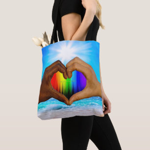 Bolsa Tote SlipperyJoe gradiente de arco-íris vibrante coraçã