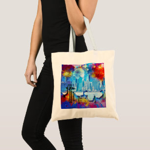 Bolsa Tote SlipperyJoe NYC grafite lua cercada por redemoinho