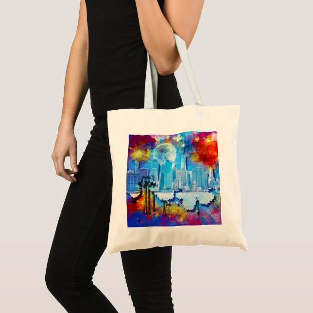 Bolsa Tote SlipperyJoe NYC grafite lua cercada por redemoinho (Frente (produto))