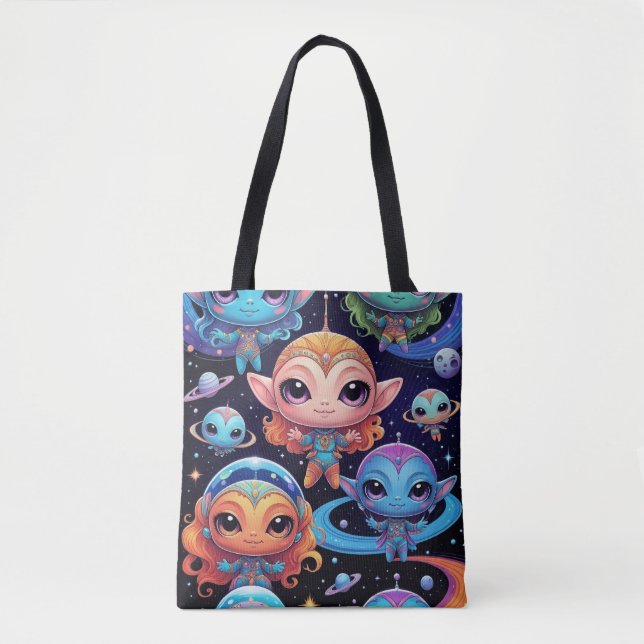 Bolsa Tote Small Multi-Coloured Aliens in Space (Frente)