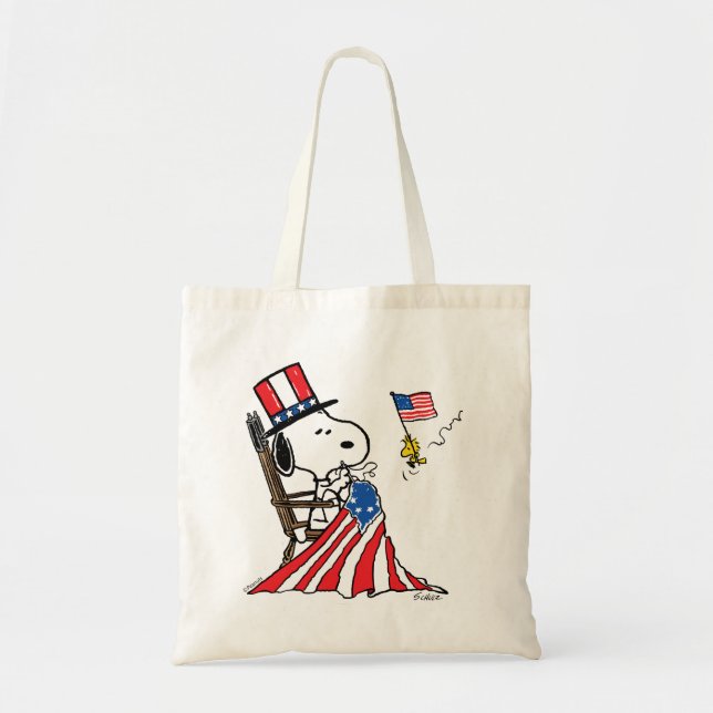 Bolsa Tote Snoopy Sewing 4 de julho Flag (Frente)