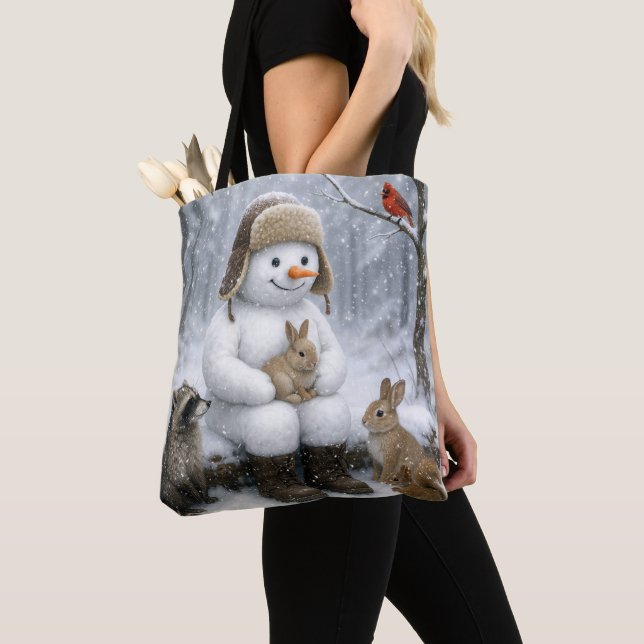 Bolsa Tote Snowman In Winter Woods With Animal Friends (Close Up)