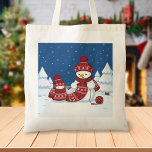 Bolsa Tote Snowman Knitting Christmas Scarf<br><div class="desc">Cartoon illustration of two adorable snowmen dressed in knitted hats and scarves. The big snowman is knitting an oversized scarf for the little one. The scarf is already wrapped several times around the cute little snowman.</div>