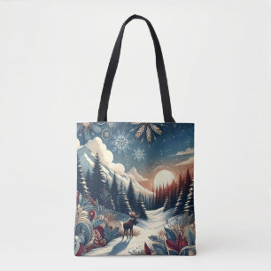 Bolsa Tote Snowy Night Moose Forest Mountain Boho