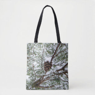 Bolsa Tote Snowy Pine Cone II Fotografia de inverno
