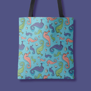 Bolsa Tote Sob o mar - Playful Seacavalo e padrão de Shell