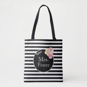 Bolsa Tote Sobrenome personalizado com faixas de preto e bran