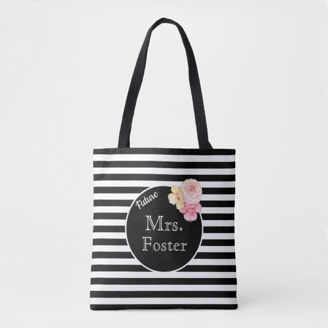 Bolsa Tote Sobrenome personalizado com faixas de preto e bran (Frente)