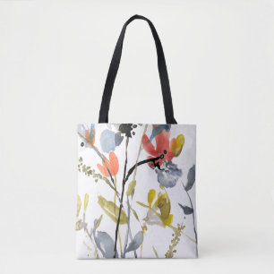 Bolsa Tote Sobreposição de Flor - Flores e caules de Aquarela