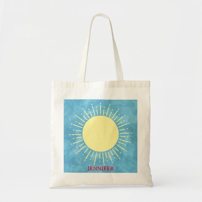 Bolsa Tote Sol Amarelo No Nome Personalizado Do Céu Azul (Frente)