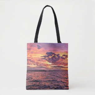 Bolsa Tote Sol colorido grande sobre praia d'água, lindo,c