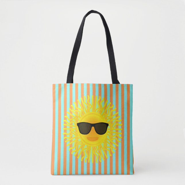 Bolsa Tote Sol com óculos escuros de sol em faixa aqua e lara (Frente)