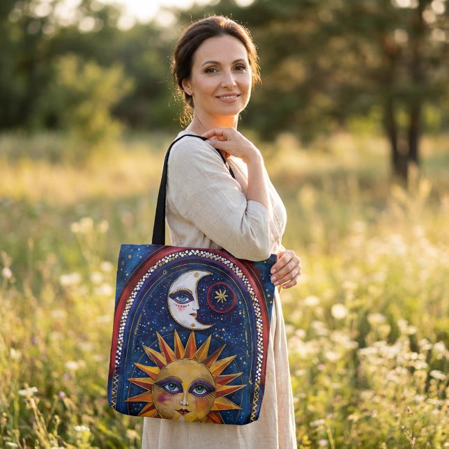 Bolsa Tote Sol e Lua com Arte Celestial Vibrante (Criador carregado)