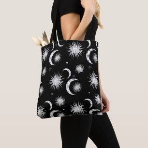 Bolsa Tote Sol Lua Estrelas Celestiais Astrologia Preto e Bra