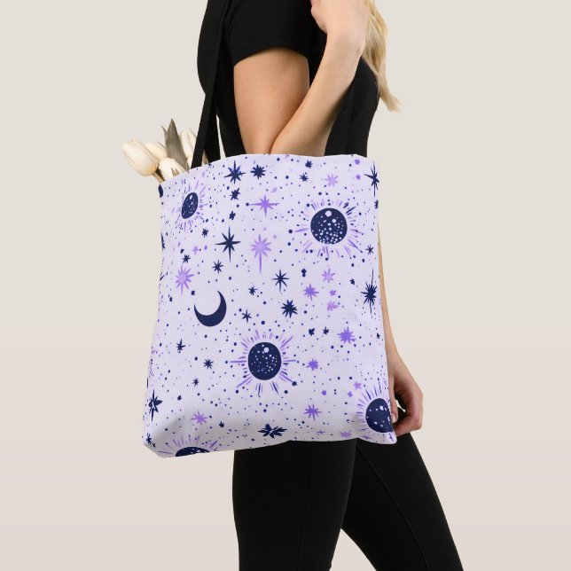 Bolsa Tote Sol Lua Estrelas Celestiais Preto e Roxo (Close Up)