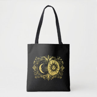 Bolsa Tote Sol místico e lua em Dourado