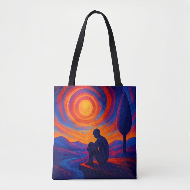 Bolsa Tote Solidão sob o Sol Azul Abstrato, Laranja Fogo (Frente)