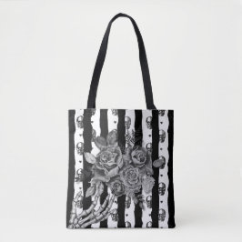 Bolsa Tote Sombrio Monocromático Listrado Crânios e Rosas Gót