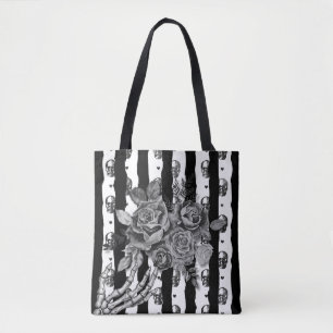 Bolsa Tote Sombrio Monocromático Listrado Crânios e Rosas Gót