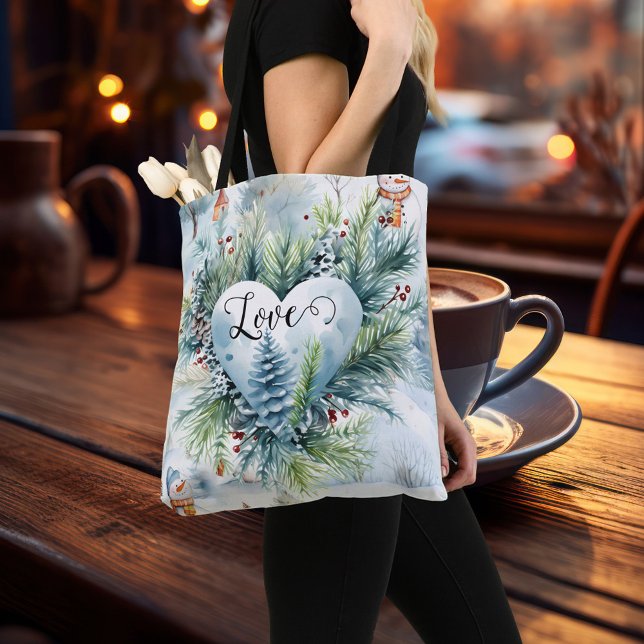 Bolsa Tote Somente Amor Importa Aquarela De Natal (Christmas tote bag featuring a watercolor design with a heart with pine twigs and berries in snow )
