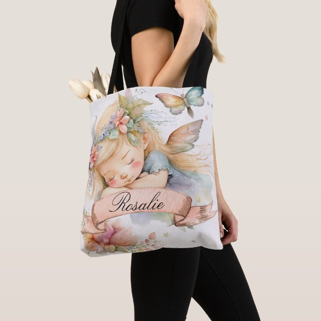 Bolsa Tote Sonhos Doces Florais Caprichosos Menina Fada Adorm (Close Up)