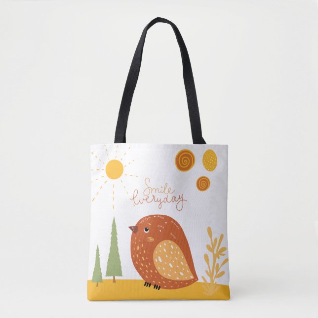 Bolsa Tote Sorria Diariamente Boho-Pássaro Sol Cuja Gama (Frente)