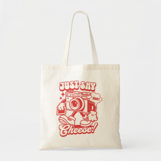 Bolsa Tote "Sorria!" Mascote de Câmera Retrô (Frente)