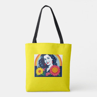 Bolsa Tote sorridente mulher feliz encarando flores