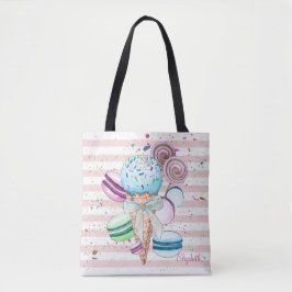 Bolsa Tote Sorvete de Aquarela,Macarões,Faixa Rosa