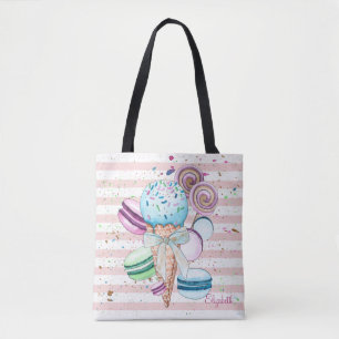 Bolsa Tote Sorvete de aquarela,Macarons,Listras Rosa