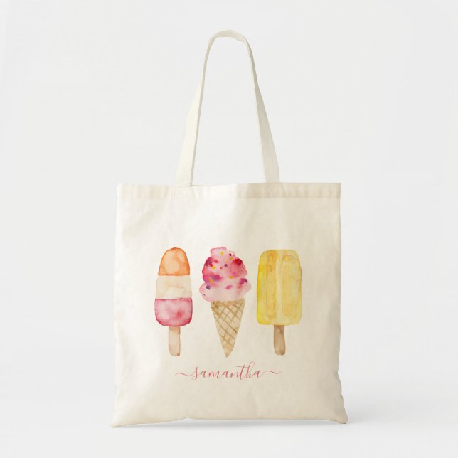 Bolsa Tote Sorvete de Picolé Amarelo Rosa Aquarela (Frente)
