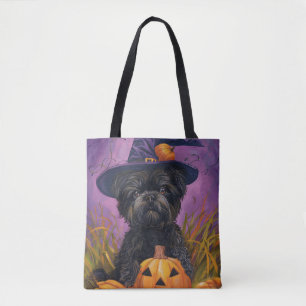 Bolsa Tote Spooky Affenpinscher Halloween Witch e Pumpkin