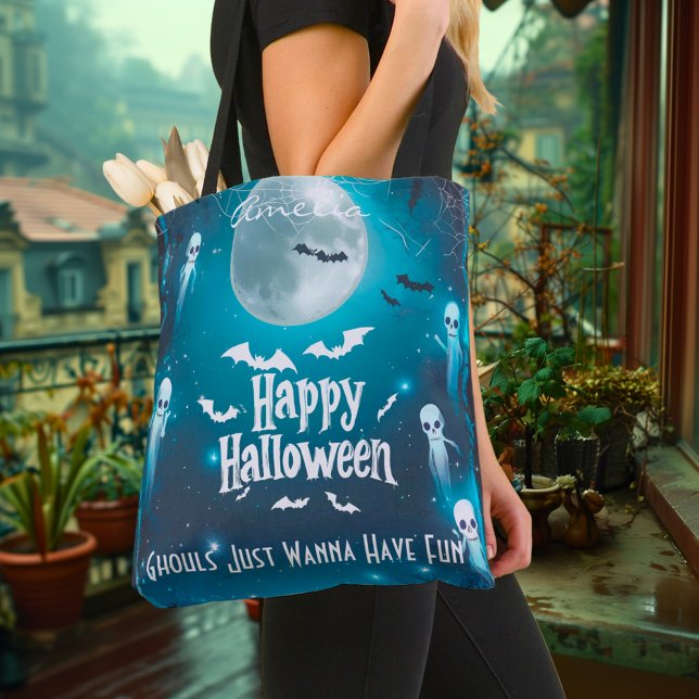 Bolsa Tote Spooky Moonlit Halloween com fantasmas e morcegos (Criador carregado)