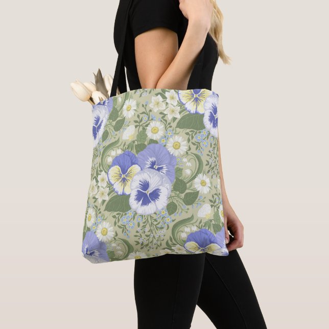 Bolsa Tote Spring Garden flowers on sage (Close Up)