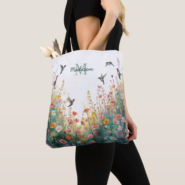 Bolsa Tote Spring Watercolor Birds Floral Monogram Wildflower (Close Up)