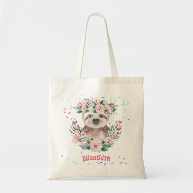 Bolsa Tote Sprinkles SLOTH Boho Girls Pink Flowers Gifts Boni (Frente)
